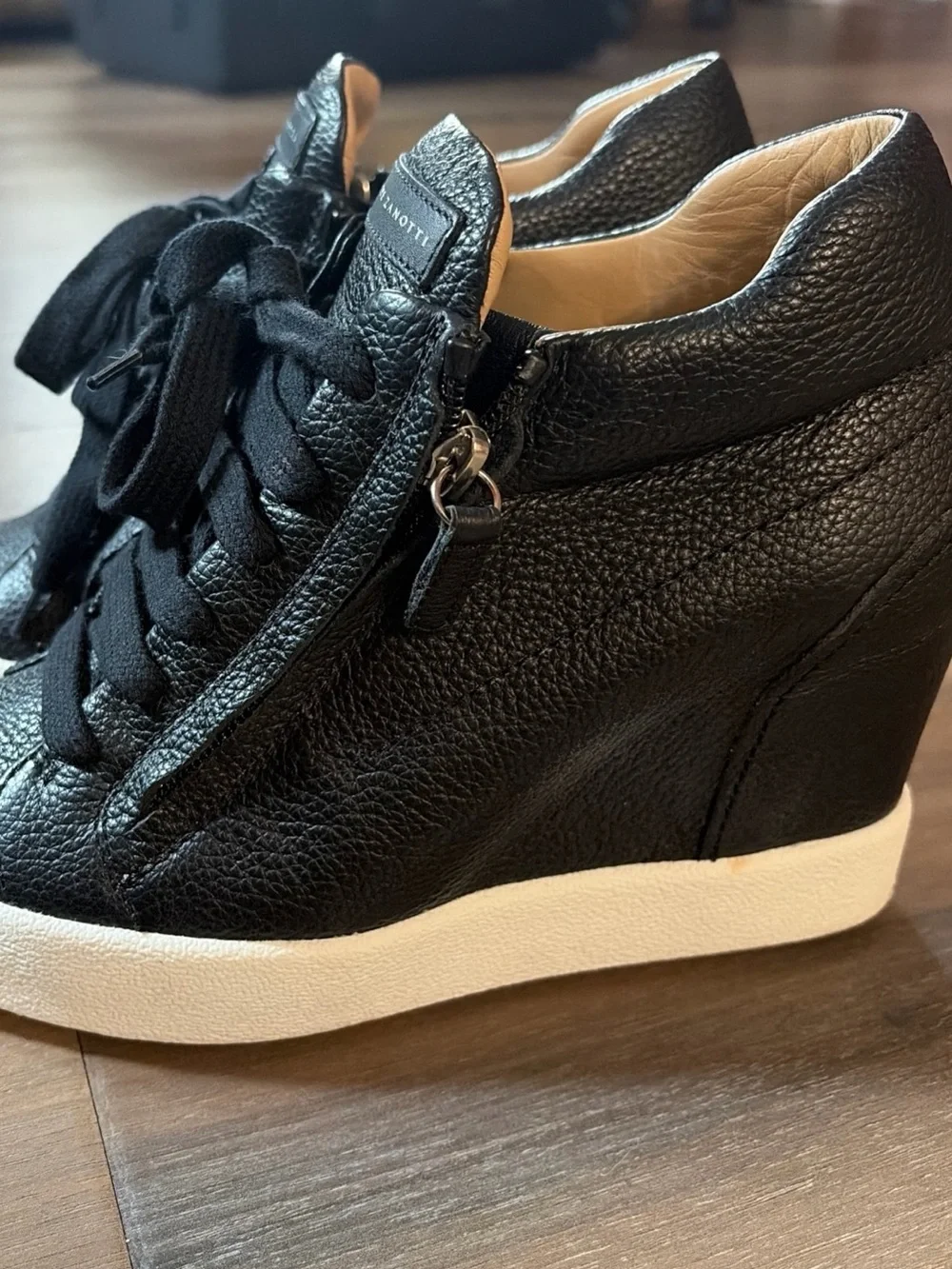 Giuseppe Zanotti Black Leather Wedge HighTop Sneakers White Sole Zip Italy 39.5